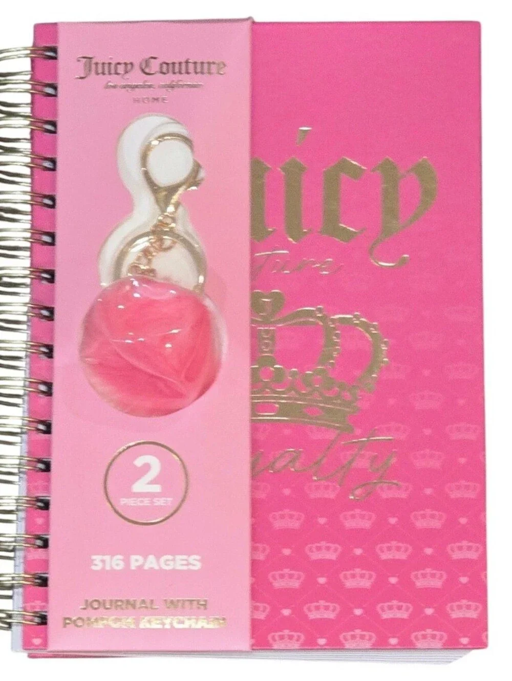 Juicy Couture Home Gold Foil Logo Crown Embossed Spiral Journal &PomPom Keychain